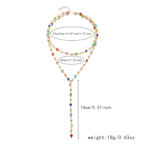 Colorful Crystal Long Necklace for Women Dainty Boho Y-Shaped Color Bead Necklaces Sparkly Rhinestone Pendant Layered Gold Long Chain Choker Good Luck Trend Jewelry Gift Jewelry - color: Double Layer Gold