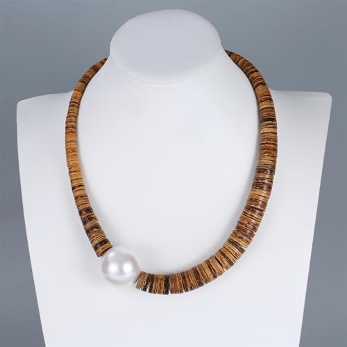 Elisheva Beaded Statement Necklace, Bohemian Layered Wood Bead and Turquoise Necklace, Chunky Coconut Shell Collar Necklace, Tribal Collar Jewelry for Women - color: Coconut Shell and Pearl