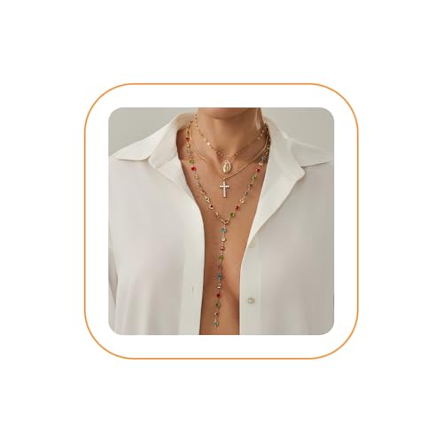 Layered Cross Necklace Set for Women, Layered Choker Necklaces Trendy Jewelry, Colorful Enamel Beaded Y-Shaped Lariat Necklace, Boho Multilayer Cross Necklace for Party and Daily Wear - color: Gold-12
