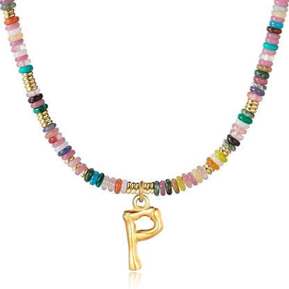 YOUFENG Initial Letter Necklaces for Women Colorful Beaded Gemstone Choker 14K Gold Plated Bamboo Letter Pendant Necklace Natural Stone Handmade Jewelry Gift - color: P