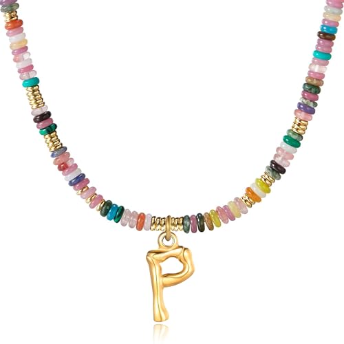 YOUFENG Initial Letter Necklaces for Women Colorful Beaded Gemstone Choker 14K Gold Plated Bamboo Letter Pendant Necklace Natural Stone Handmade Jewelry Gift - color: P