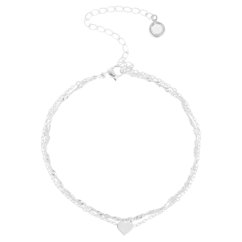 Mikovivi Silver Anklet for Women, Waterproof Adjustable Double Layer Anklet Shiny Statement Foot Jewelry with Heart-Shaped Pendant for Women Accessories
