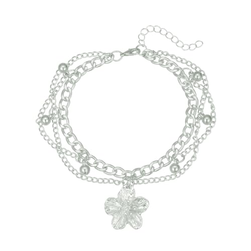 Flower Tassel Charm Anklet for Women Layered Boho Floral Ankle Chain Bracelet Adjustable Summer Beach Jewelry Foot Accessories - color: Silver