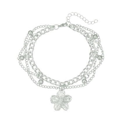 Flower Tassel Charm Anklet for Women Layered Boho Floral Ankle Chain Bracelet Adjustable Summer Beach Jewelry Foot Accessories - color: Silver