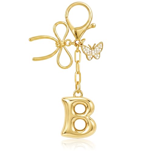 Gold Bubble Heart, Cherry, Bow & More Designs Letter Initial Keychain Bag Charms – Cute Purse Charms for Handbags - color: Bow & Butterfly, style: B