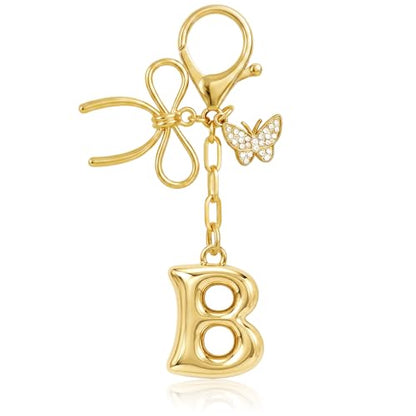 Gold Bubble Heart, Cherry, Bow & More Designs Letter Initial Keychain Bag Charms – Cute Purse Charms for Handbags - color: Bow & Butterfly, style: B