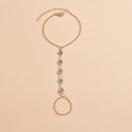 Vivian&CD Trendy Gold Hand Chain Bracelet for Women, 14k Gold Plated Dainty Ring Bracelet, Hypoallergenic Finger Nail Bracelet with Zircon Sequins or Satellite Chain - Elegant Jewelry Gift for Women - style: Devil's Eye