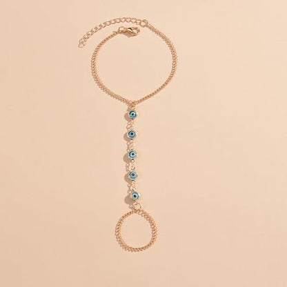 Vivian&CD Trendy Gold Hand Chain Bracelet for Women, 14k Gold Plated Dainty Ring Bracelet, Hypoallergenic Finger Nail Bracelet with Zircon Sequins or Satellite Chain - Elegant Jewelry Gift for Women - style: Devil's Eye