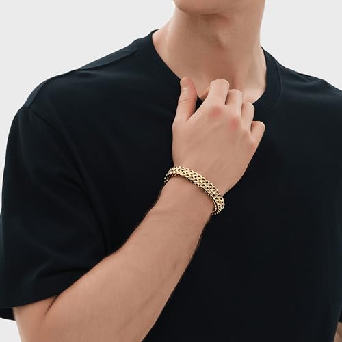 18K Gold-Plated Bracelets for Men Franco Link Chain Adjustable | Stainless Steel Bracelet, Gold Beads Bracelet, Handcrafted Braided, Mens Jewelry Birthday Gift for Men - color: Metallic Gold