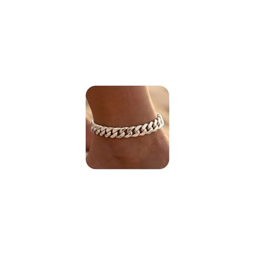 Width-12mm Chunky Cuban Link Ankle Bracelets for Women Waterproof, 18K Gold/Silver Plated Anklets Cubic Zirconia Adjustable Thick Chain Trendy Beach Summer Fashion Jewelry Gift - style: Style 1-Silver