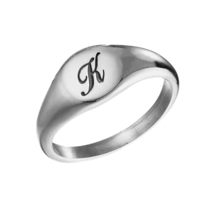 Personalized 925 Sterling Silver Letter Engraved Signet Pinky Ring For Women Custom Initial Band Statement Ring - color: Silver