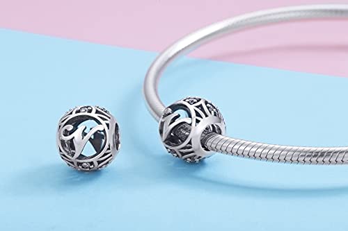 Letter Charms 925 Sterling Silver Initial A-Z Bead Charms | For Bracelets Necklaces, Hypoallergenic,Cubic Zirconia Alphabet Beads, Personalized Gifts for Women - color: V