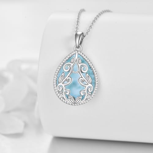 YAFEINI Teardrop Necklace Sterling Silver Filigree Irish Pendant Necklace Natural Stone Moonstone/Lapis Lazuli/Larimar/Moss Agate Necklace Jewelry - color: Larimar Filigree Necklace