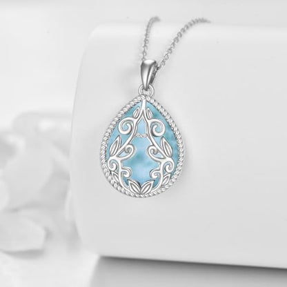 YAFEINI Teardrop Necklace Sterling Silver Filigree Irish Pendant Necklace Natural Stone Moonstone/Lapis Lazuli/Larimar/Moss Agate Necklace Jewelry - color: Larimar Filigree Necklace