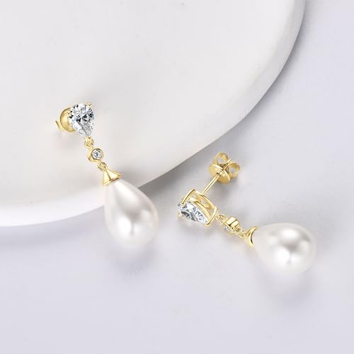 925 Sterling Silver Pearl Drop Earrings for Women, June Birthstone Long Dangle Pearl Jewelry Gifts for Her - color: 13mm Gold