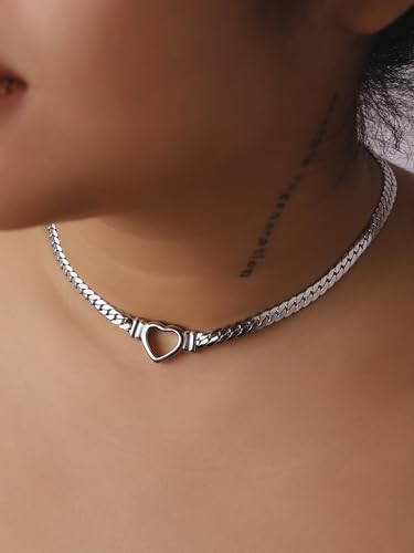 Sacina Heart Choker, Stainless Steel Necklace, Choker Necklaces for Women, Chunky Heart Necklace, Valentine Gift, Christmas Jewelry Gift - color: silver