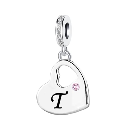 KunBead Initial A-Z Letter Pink Heart Alphabet Birthday Dangle Love Charms Compatible with Pandora Charm Bracelet for Auntie Friend Sister Mom Daughter Nana Granddaughter Wife - style: Letter T