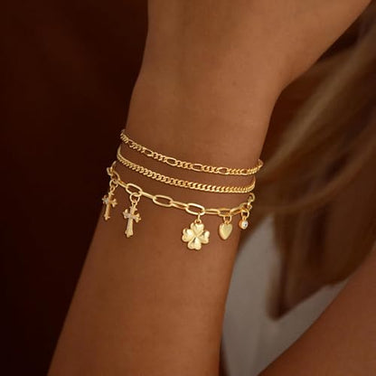 3PCS Charm Gold Bracelets for Women Non Tarnish,14k Plated Gold Bracelet Stack Cute Dainty Stackable Trendy Bow Cross Clover Bracelets Set Tarnish Free Gold Jewelry for Women Gifts - color: Cross-Gold