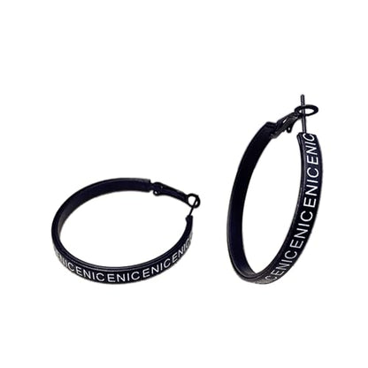 Hoop Earrings for Women Leather Hoop Earrings-Medium/Large Hoops-Lightweight hoop - color: Black Letters