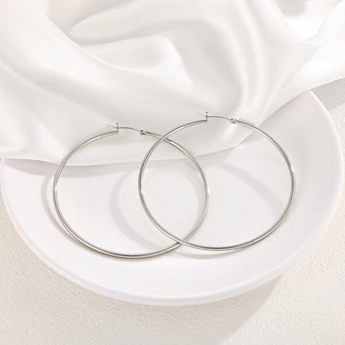 Gacimy Gold Hoop Earrings for Women 14K Real Gold Plated Hoops with 925 Sterling Silver Post - color: Silver, size: 70mm