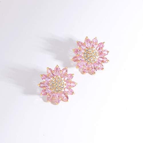 Crystal Flower Burst Stud Earirings - Big Sterling Silver CZ Cubic Zirconia Rhinestone Daisy Sunflower Floral Cluster Studs Bridal Wedding Party Prom Costume Jewelry for Bride Bridesmaids Women Birthstone Birthday Gift - color: Pink