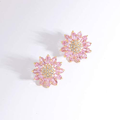 Crystal Flower Burst Stud Earirings - Big Sterling Silver CZ Cubic Zirconia Rhinestone Daisy Sunflower Floral Cluster Studs Bridal Wedding Party Prom Costume Jewelry for Bride Bridesmaids Women Birthstone Birthday Gift - color: Pink