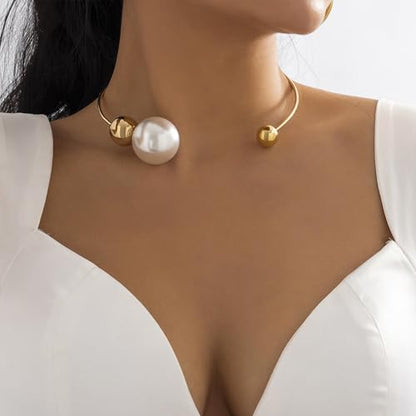 14K Gold Plated Large Pearl Open Necklace for Women | Simple Statement Pearl Open Geometric Bead Choker Necklace Modern Party Anniversary Club Jewelry Gifts - color: Gold