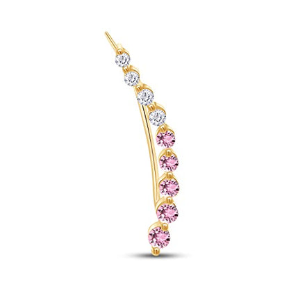 Floating Curved Bar One Piece Left Ear Crawler Earrings With Birthstone | White CZ In 14K Yellow Gold Over Sterling Silver - color: Simulated Tourmaline