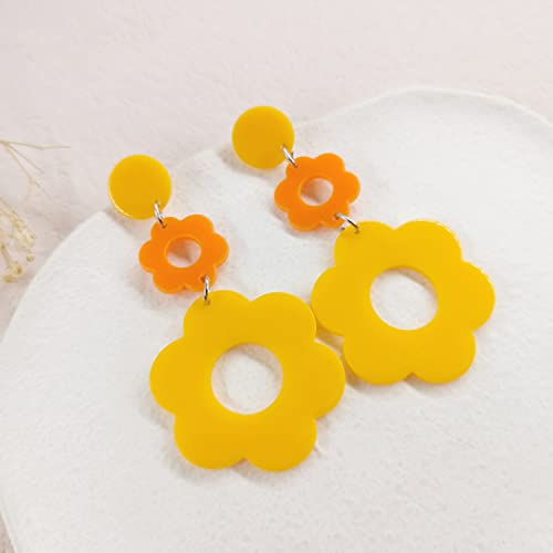 Handmade Acrylic Flower Earrings - Bohemian Double Daisy Drop Resin Flowers Dangle Earrings for Women Girls 70s 80s Party Accessories - color: orange+yellow