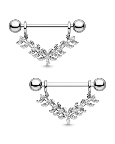 Nipple Shield Ring 316L Stainless Steel Nipple Piercing Jewelry 14G Flower Nipple Barbell for Women and Men - color: Silver