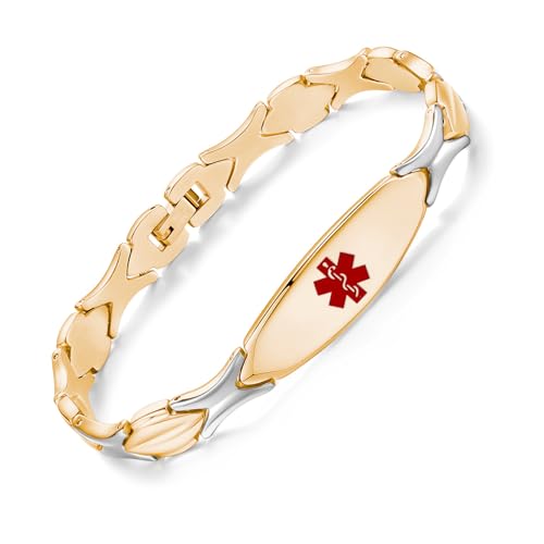 LinnaLove Fashion Shiny medical alert bracelet with Free Engraving Stainless steel Medical id bracelet for Women - color: GOLD