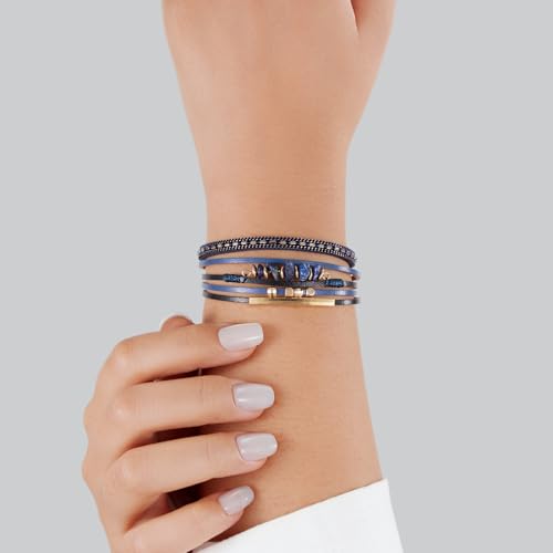 Boho Gemstone Beaded Leather Wrap Bracelets Stackable Chunky Cuff Bracelet Western Jewelry Cowboy Chic Country Concert Outfits for Women - color: Navy Blue