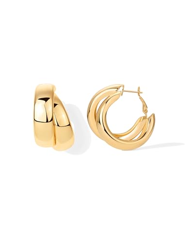 PAVOI 14K Gold Plated Multi Huggie Hoop Earrings for Women - 925 Sterling Silver Posts Triple Split Hoop Gold Earrings for Women - Trendy Fashion Jewelry - style: Chunky