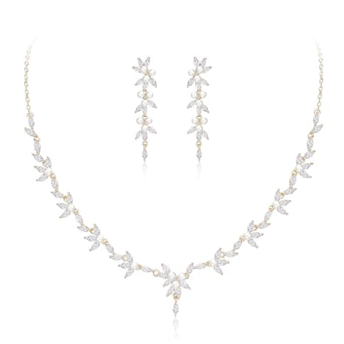 EleQueen Women's Simulated Pearl Wedding Jewelry Set for Brides | Cubic Zirconia Necklace Earrings Bracelet Set for Brides Bridesmaids, Bridal Jewelry Set for Anniversary/Memorial Day - style: Pearl Necklace Earrings Set Gold-Tone