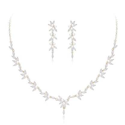EleQueen Women's Simulated Pearl Wedding Jewelry Set for Brides | Cubic Zirconia Necklace Earrings Bracelet Set for Brides Bridesmaids, Bridal Jewelry Set for Anniversary/Memorial Day - style: Pearl Necklace Earrings Set Gold-Tone