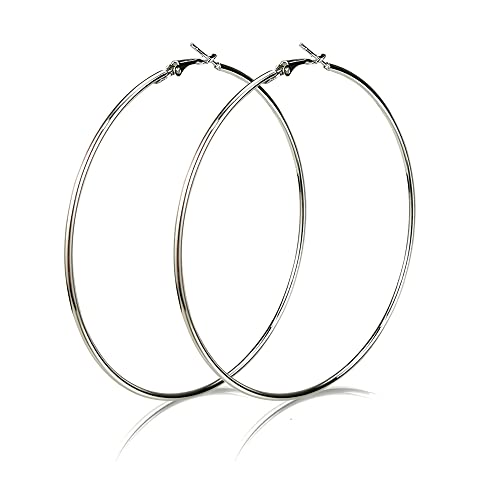 Dainty 100mm 14K Yellow Gold Silver Big Large Hoop Earrings For Women Sensitive Ears Fashion Round Circle Oversize Huggie Hypoallergenic Hoops Minimalist Thin Hooped Statement Jewelry Gifts Bff Birthday - color: Silvery