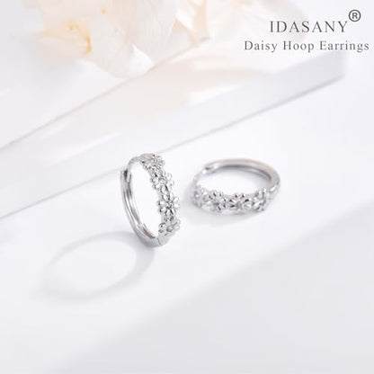 Sterling Silver Hoop Earrings for Women, Dainty Small Huggie Hoop Earrings | Hypoallergenic Daisy Color Cubic Zirconia Flower Hoops Earring Jewellery Gifts for Ladies Birthday Wedding, 12mm Hoop - color: Clear