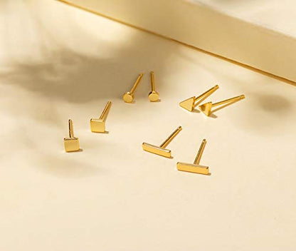 EPIRORA Sterling Silver Stud Earrings for Women Men- 4 Pairs of Hypoallergenic Simple Geometric Small Stud Earring Set Tiny Circle Triangle Square Bar Stud Earrings Mini Cartilage Tragus Earrings - style: Style 1- Gold