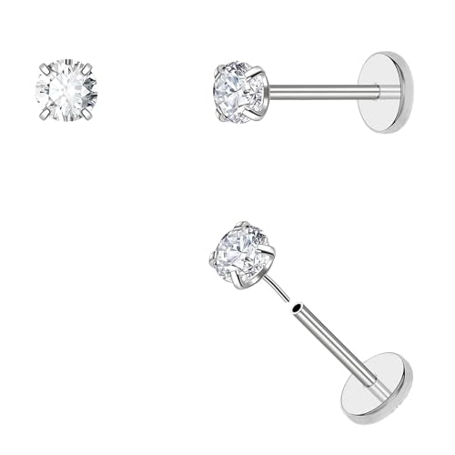 DAI JY 20G Threadless Flat Back Earrings hypoallergenic Titanium Small Stud Earrings Push-In CZ Nose Studs for Women Men Labret Cartilage Helix Conch Medusa Monroe Tragus Piercing Jewelry - color: Silver, size: 20g-3mm