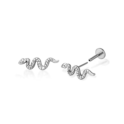 limerencia G23 Hypoallergenic 18g Flat Back Stud Earrings | F136 Implant Grade Titanium Pressfit Threadless Push Pop in Cartilage Helix Labret Lip Monroe Tragus Flat Back Piercing Studs - color: Snake Silver
