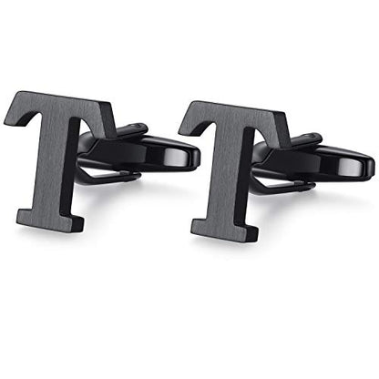 HONEY BEAR Initial Letter Cufflinks for Men Wedding Business | Personalized, Tarnish-Resistant, Steel-Plated Copper Base, Gift Box, for Groomsmen, Father, Husband, Anniversary - style: T Black