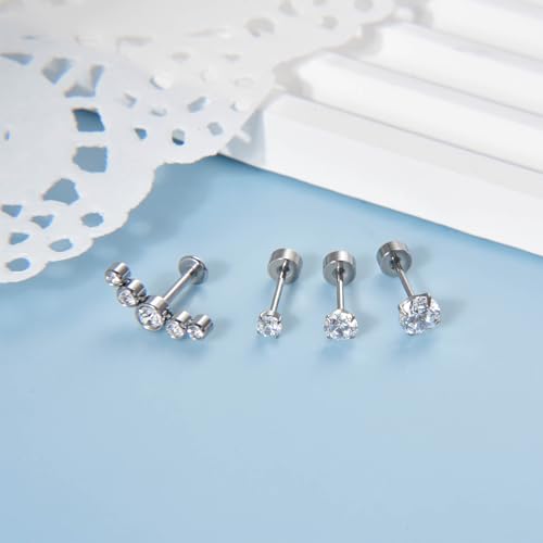 Lantine 16g CZ Crawler Flat Back Stud Earrings Set G23 Titanium Cartilage Tragus Daith Helix Piercing Jewelry 20g Flat Screw 2nd 3rd Lobe FlatBack Earrings - color: CZ, size: 16g 8mm