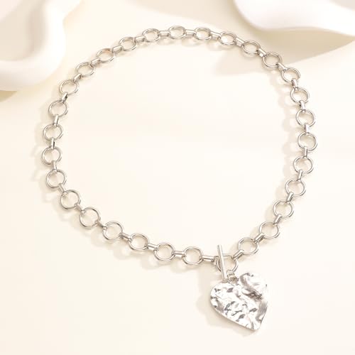 Sora Tuki Gold Chunky Necklace for Women Trendy Big Silver Statement Necklace Large Heart Hollow Square Necklaces Bold Thick Chain OT Toggle Necklaces Boho Chunky Jewelry - color: Style 1 - Silver-Heart