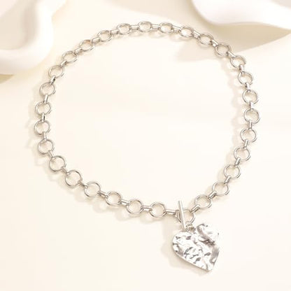 Sora Tuki Gold Chunky Necklace for Women Trendy Big Silver Statement Necklace Large Heart Hollow Square Necklaces Bold Thick Chain OT Toggle Necklaces Boho Chunky Jewelry - color: Style 1 - Silver-Heart