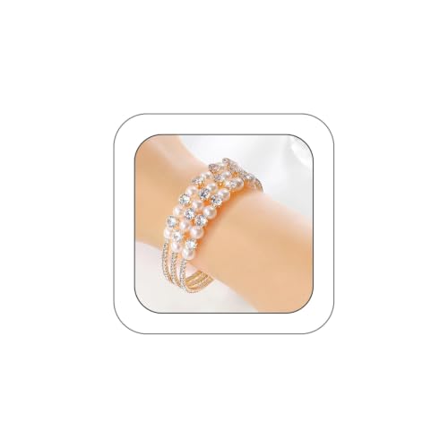 Gold Crystal Faux Pearl Beaded Bracelet for Women,Sparkling Rhinestone Layered Statement Cuff Bracelet Wedding Bridal Jewelry Accessories - color: Golden