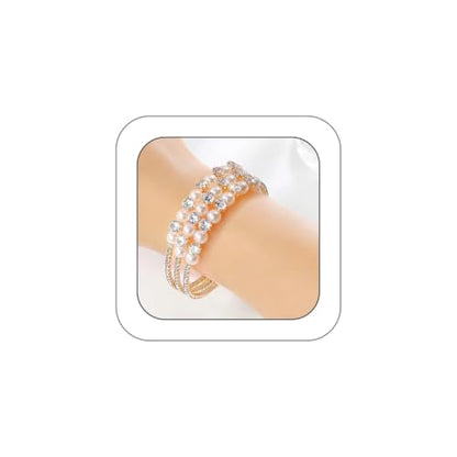 Gold Crystal Faux Pearl Beaded Bracelet for Women,Sparkling Rhinestone Layered Statement Cuff Bracelet Wedding Bridal Jewelry Accessories - color: Golden