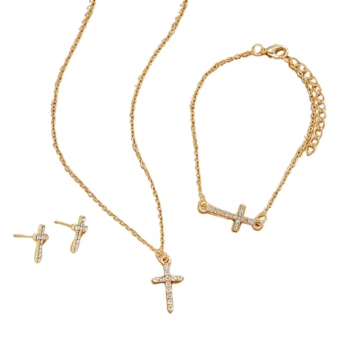 Dainty Cross Jewelry Set Sparkling Rhinestones Earrings Bracelet Necklace Set for Women Religious Faith Cubic Zirconia Cross Studs Earrings Jewelry Set - style: Cross