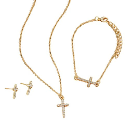 Dainty Cross Jewelry Set Sparkling Rhinestones Earrings Bracelet Necklace Set for Women Religious Faith Cubic Zirconia Cross Studs Earrings Jewelry Set - style: Cross