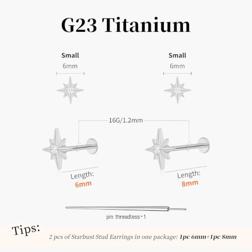 Flat Back Stud Cartilage Earrings Tragus Helix Piercing Jewelry Titanium | Conch Nose Piercing,Small Tiny Studs for Women,Threadless/Internally Threaded,Surgical Steel,Hypoallergenic,16G/18G/20G - color: Silver02-Starburst (6mm*1+8mm*1), size: Threadless-