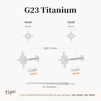 Flat Back Stud Cartilage Earrings Tragus Helix Piercing Jewelry Titanium | Conch Nose Piercing,Small Tiny Studs for Women,Threadless/Internally Threaded,Surgical Steel,Hypoallergenic,16G/18G/20G - color: Silver02-Starburst (6mm*1+8mm*1), size: Threadless-